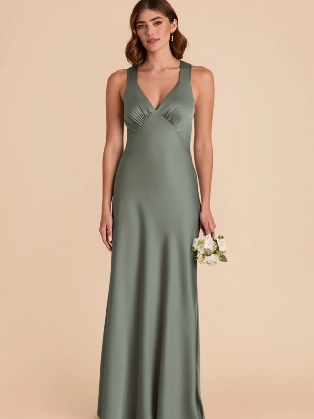 Sea Glass Birdy Grey Satin V-Neck Gown